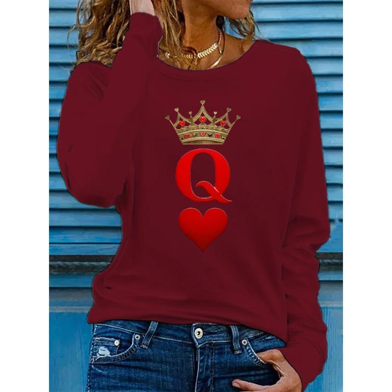 

Женские удобные повседневные футболки с длинным рукавом на весну и осень с принтом в виде игральных карт Q Дама 5XL