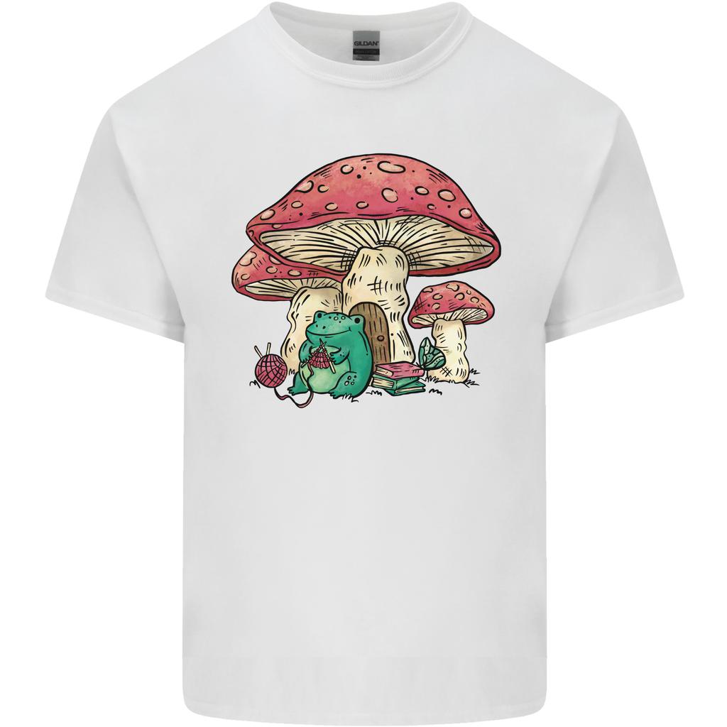 Frog Knitting Under a Mushroom Foraging Nature Unisexs Light Cotton TShirt
