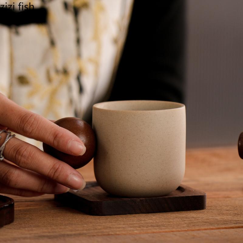 Ceramic Coffee Cup Wooden Handle with Disc Clay Espresso Cups Water Cup Breakfast Cups Teacup Milk Mug Flower Tea Mug Juice Mugs