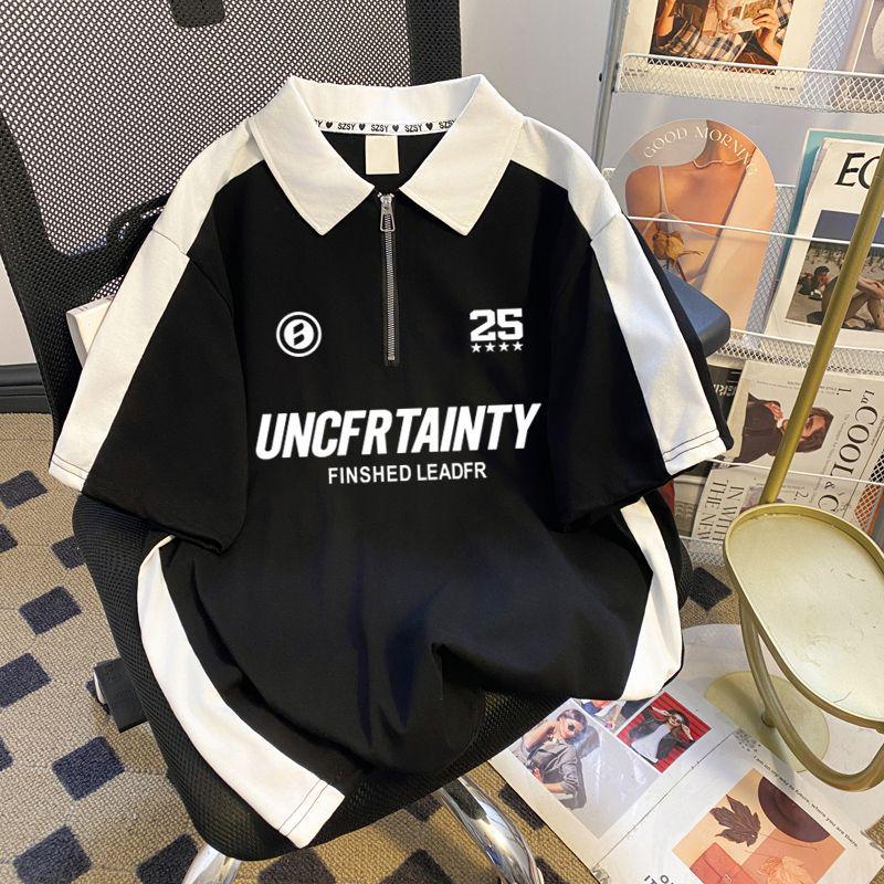 

Женская футболка-поло в стиле ретро с коротким рукавом - летний свободный крой, контрастный лацкан 3XL чёрный