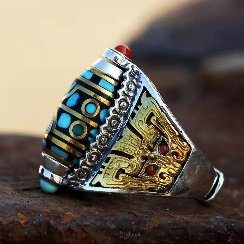 

2026 Nine-eye Dzi Bead Ring Tibetan Men s and Women s Kui Niu Dapeng Taotie Pattern Six-character Mantra Retro Index Finger Ring Resizable