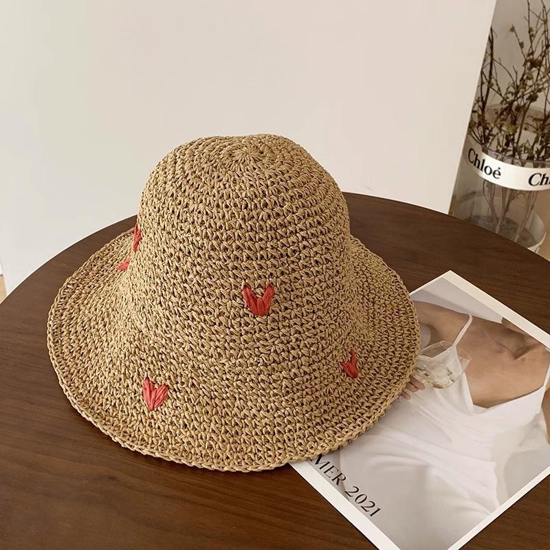 Hyunya Wind Colored Wood Beads Straw Hat Women's Summer Big Brim Straw Bucket Hat Foldable Seaside Sunshade Sunscreen Hat