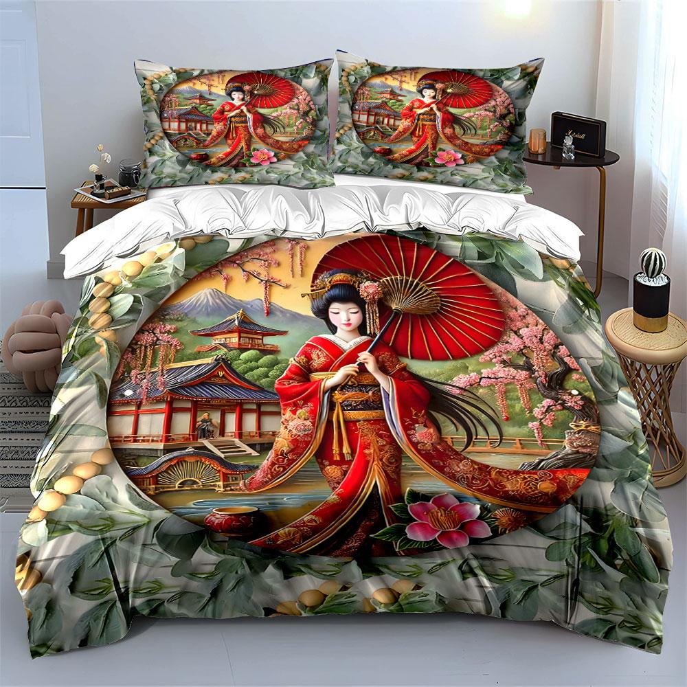 "Traditional Geisha with Red Parasol" Print Bedding Set Duvet Cover Pillowcases (1* Duvet Cover 2* Pillowcases Do Not Include Comforter)