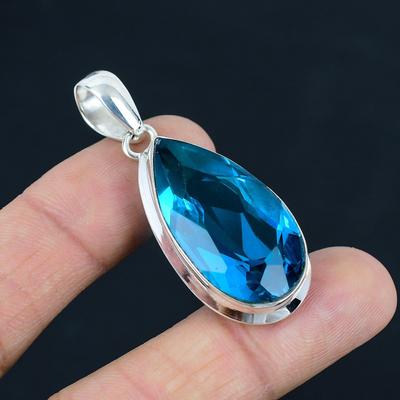 Natural Faceted Blue Topaz Gemstone Pendant, 925 Sterling Silver, Pendant Jewelry, Handmade Silver Pendant Jewelry for Gift, Easter Gift