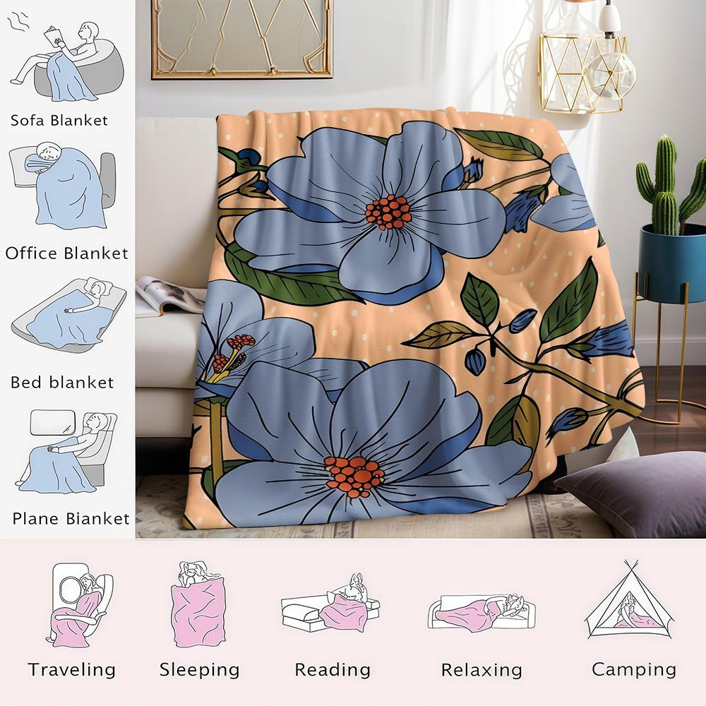 Blue Flower Polka Dot Pattern Flannel Blanket Warm Soft Halloween Christmas Couch Warm Cozy Decorative Decor Gift for All Season