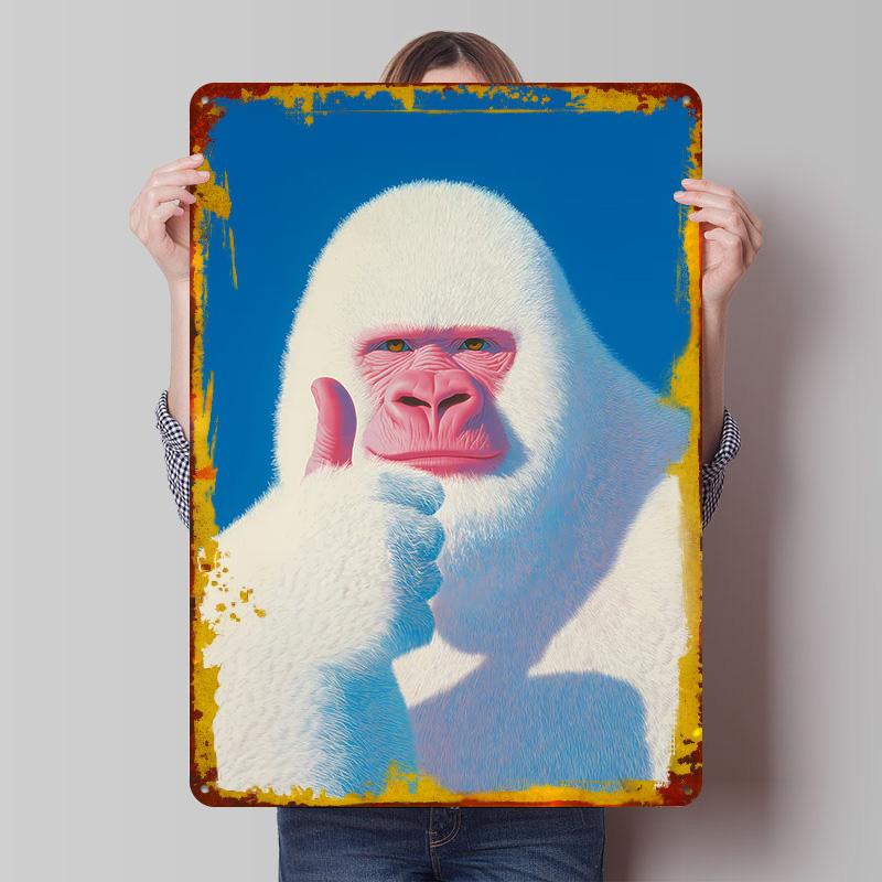 

White Gorilla Thumbs Up Tinplate Poster Customized Wall Art Vintage Retro Metal Signs for Gamer Decoration Room Wand Deko Decor 20x30cm（7.8x11.8inch）