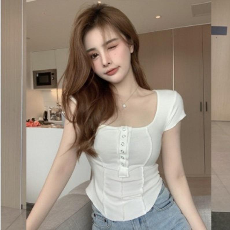 

Базова футболка для жінок на літо Нова футболка з коротким рукавом для жінок Корейський стиль Приталена Незвичайна Велика U-подібна горловина Топ для жінок M