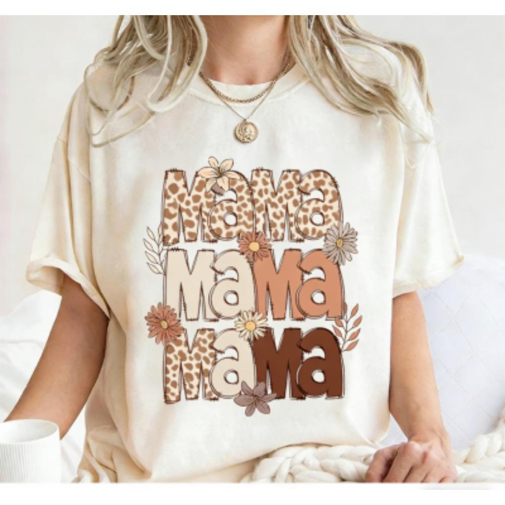 Funny Leopard Letter Mama Flower Print Kids Short Sleeves T-Shirt Loose Casual Summer Outdoor Street Boy and Girl Tees Tops