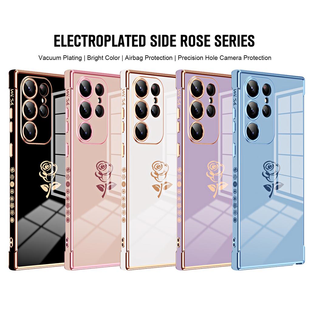For Samsung Galaxy S25 Ultra Case Electroplating Edge Rose Pattern TPU Phone Back Cover Airbag Drop Proof