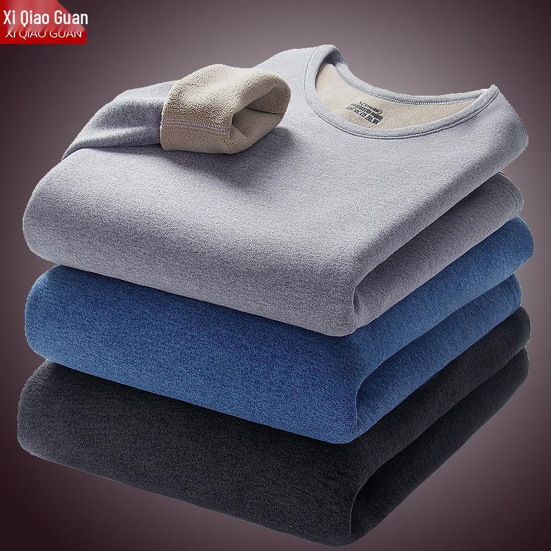 Conjunto de Roupa Íntima Térmica Masculina - Veludo Espessado, Gola Redonda, Cor Sólida, Camada Base de Lã de Cordeiro para Outono e Inverno.