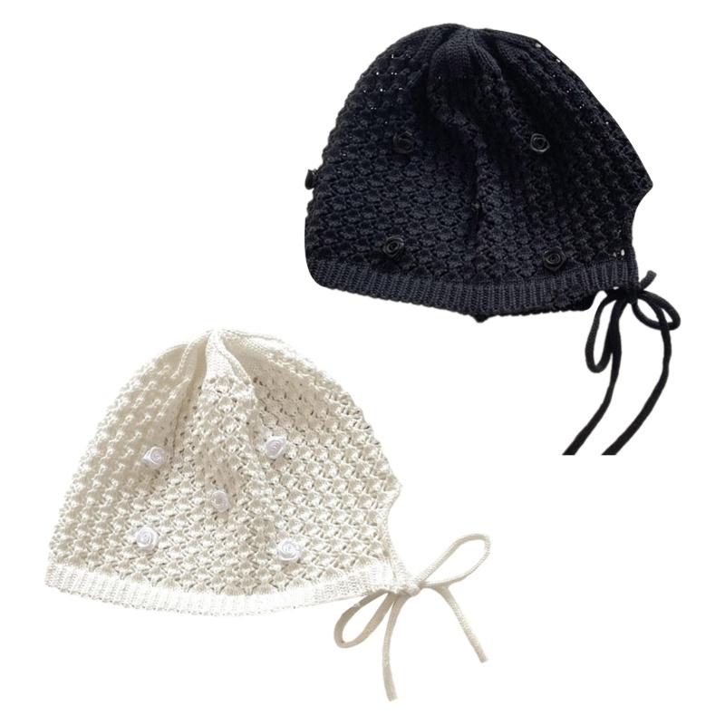 Knitted Beanies Hat for Women Harajuku Hollowout Skull Hat Handmade Crochet Hat with Rose Decors Vacation Pullover Hat