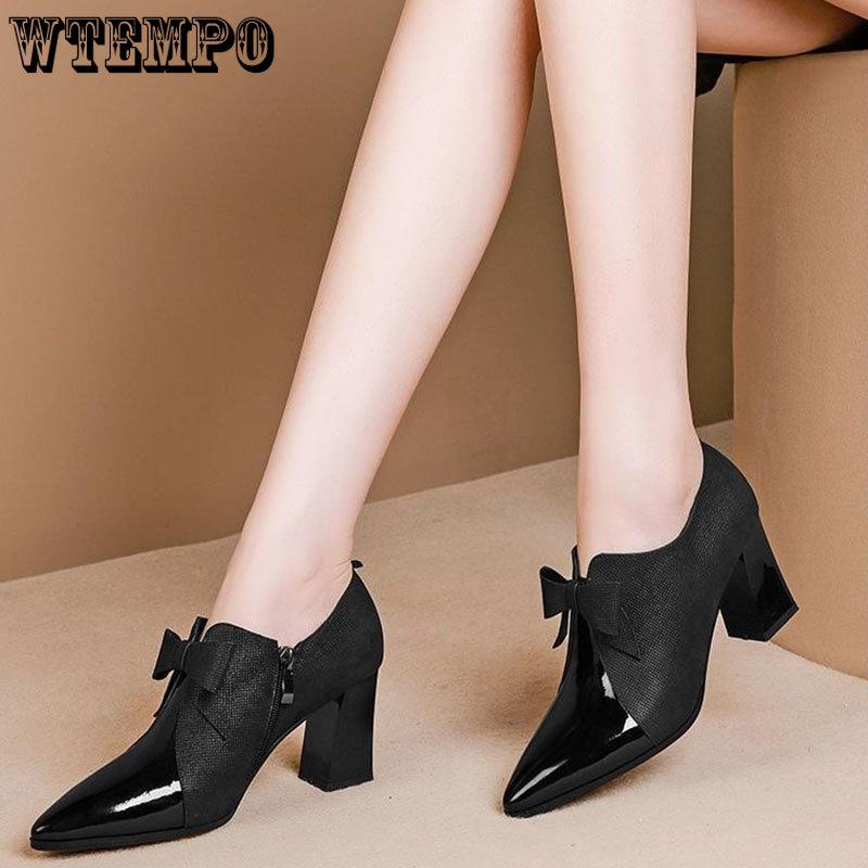 Chaussures en cuir noires à talons hauts de 4CM, bottes en cuir pointues à talon épais pour femmes, décoration papillon, chaussures de travail de tempérament et de mode