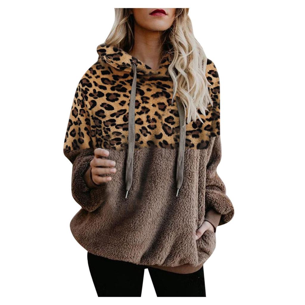 Women Hooded Sweatshirt Coat Winter Warm Wool Leopard Pocket Cotton Coat Outwear