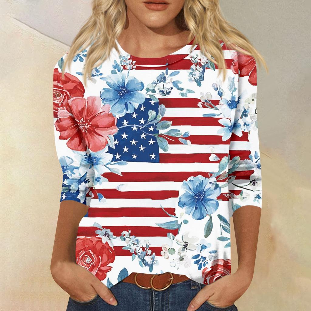 Damenmode Lässiges Oberteil mit Sieben-Viertel-Ärmeln, Unabhängigkeitstag-Print, Rundhalsausschnitt