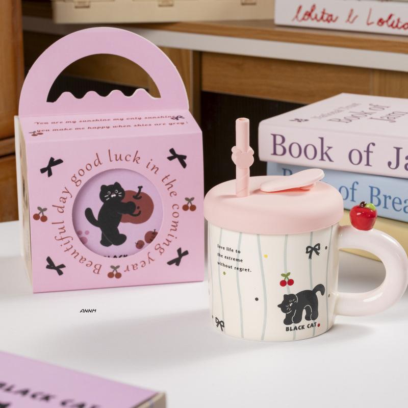 High Value Souvenir Apple Mug with Lid Gift Box Household Water Cup Cute Straw Cup Ceramic Coffee Cup