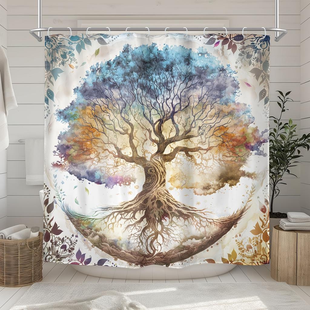 1/4pcs Tree of Life Shower Curtain Set Mystical Boho Watercolor Plant Bathroom Decor Waterproof Fabric Curtain Non Slip Mat and Toilet Cover Set