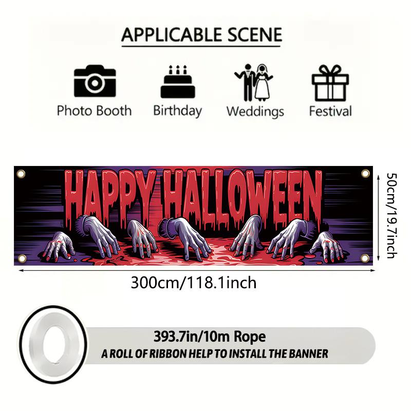 Haunted House Spooky Halloween Banner 17x78in, Polyester Outdoor Party Decor Garden Fence
