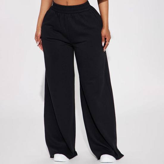 Women Casual Pants Solid Color Wide Leg Trousers with Pockets Elastic High Waist Hip Hop Style Long Pants