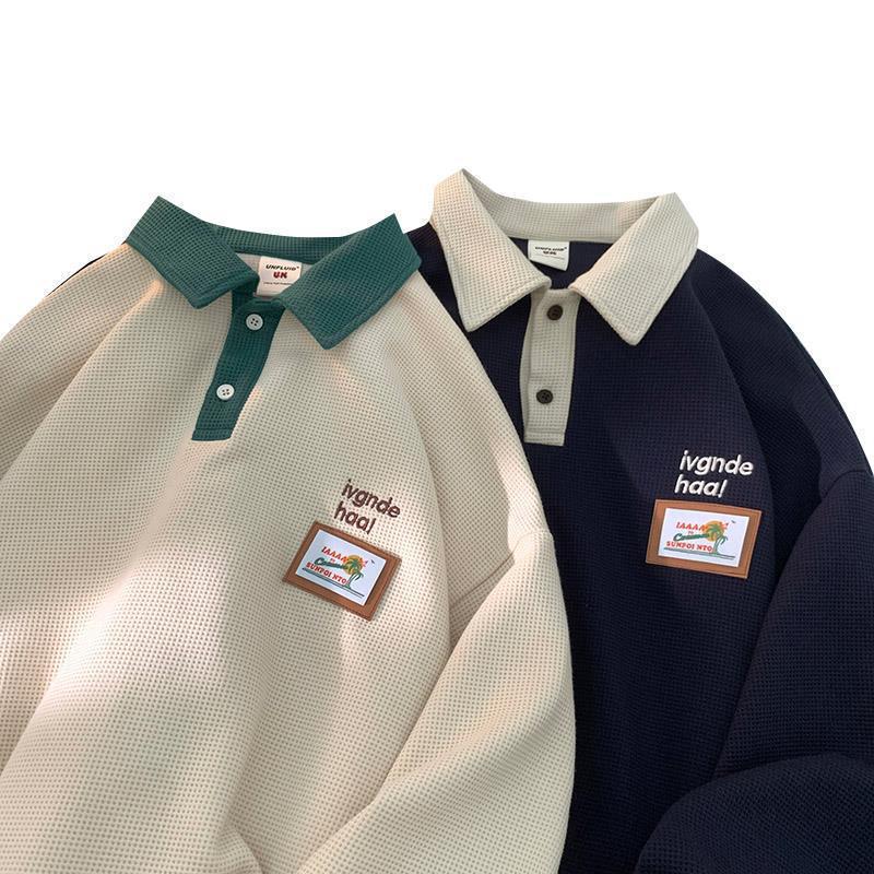 Męska koszulka polo wafelkowa w stylu vintage retro - luźny krój, kołnierzyk z klapami, na wiosnę/jesień, styl unisex