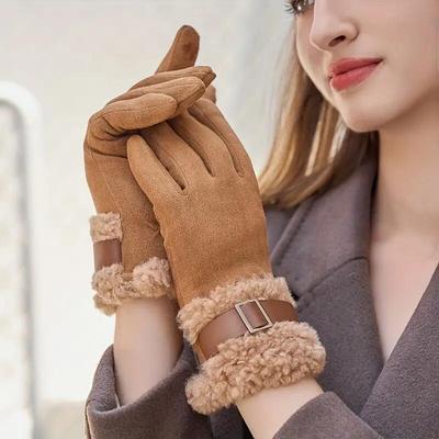Плюшеві манжети з металевою пряжкою Замшеві рукавички Однотонні потовщені теплі рукавички Жіночі стильні універсальні морозостійкі рукавички