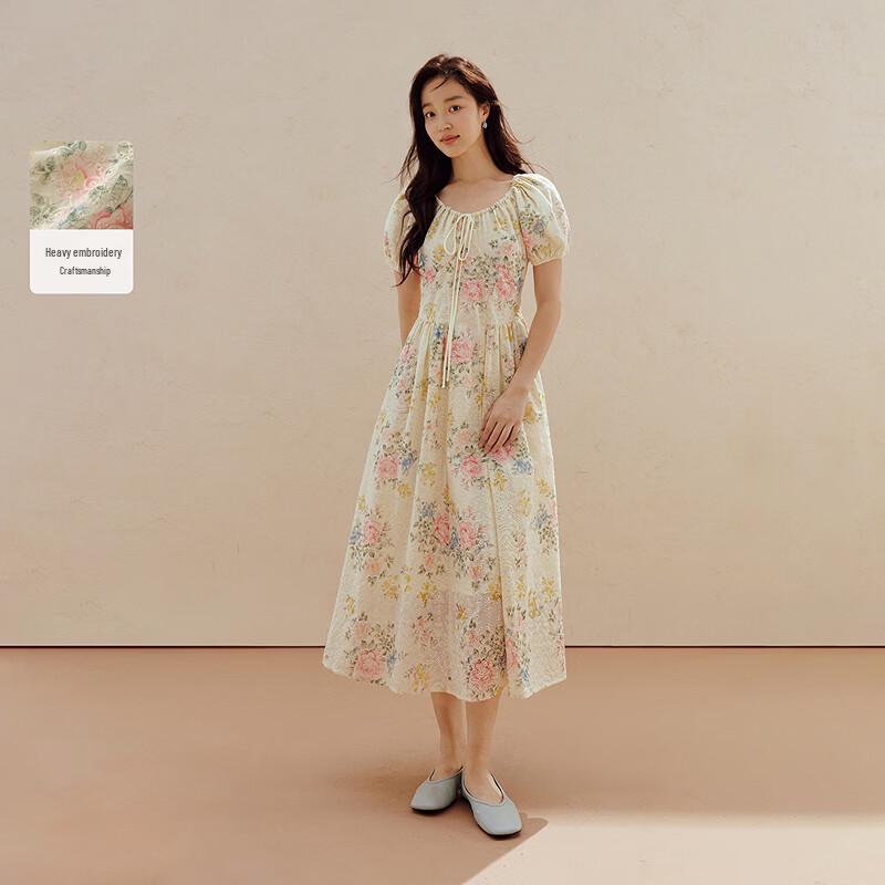 INMAN French V-Neck Lace Embroidered Puff-Sleeve Dress L