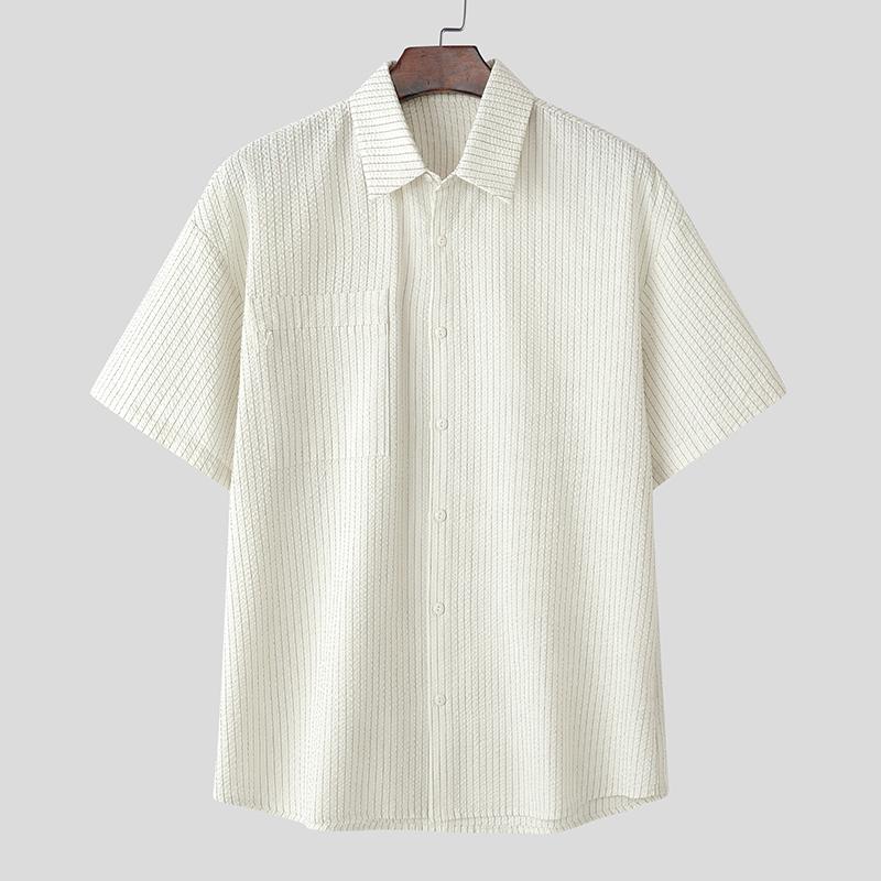 

INCERUN Men Lapel Neck Short Sleeve Texture Striped Buttons Up Casual Shirts абрикосовый