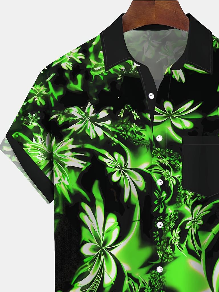 Hawaiianisches Gradient Künstlerischer Blumendruck Herren Übergröße Knopf-Tasche Kurzarmhemd