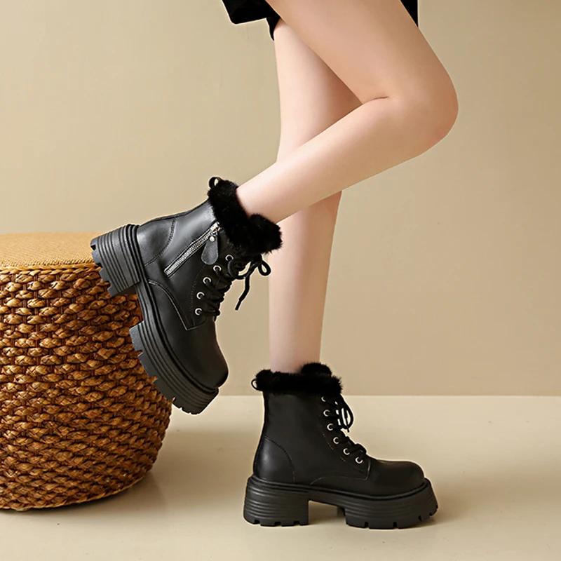 Thick Bottom Motorcycle Winter Boots Women Faux Fur Platform Plush Ankle Boots Woman Outdoor Non-Slip Warm Short Botas Mujer