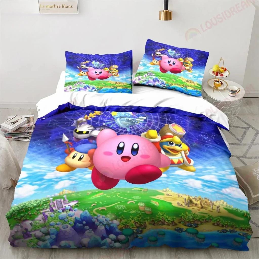 Tegneserie Kirby Trykk Dynetrekk Sengetøy, 2-delt Sett Dynetrekk Matchende Putetrekk med Glidelåslukking Myk Mikrofiber Enkelt