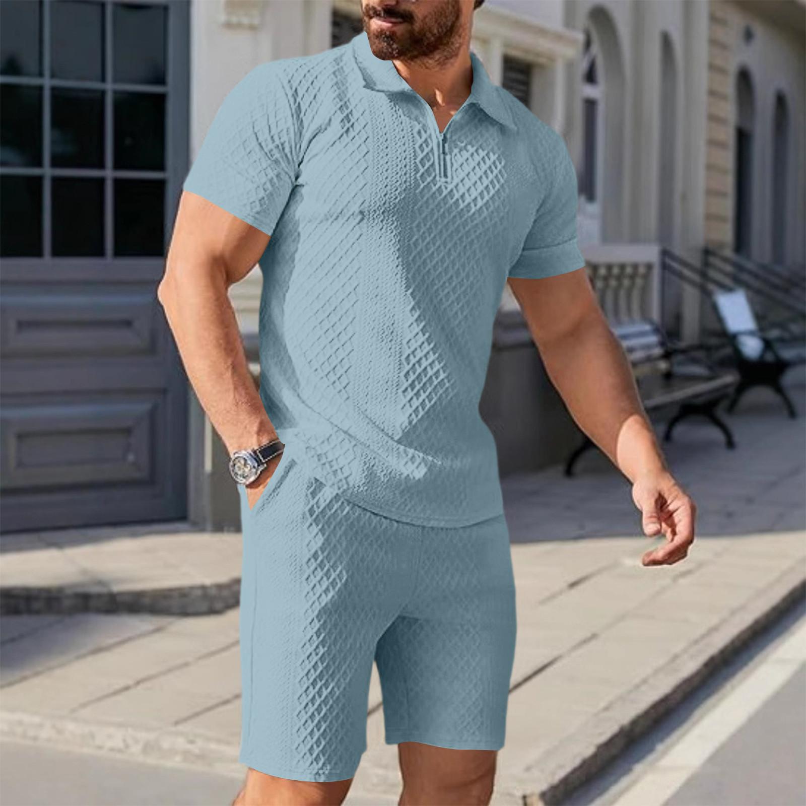 

Men s Sports Casual Suit Summer Knitted Short Sleeved Shorts Two Piece Suit Men s T-shirt Lapel Suit XXXL небо синє кольору