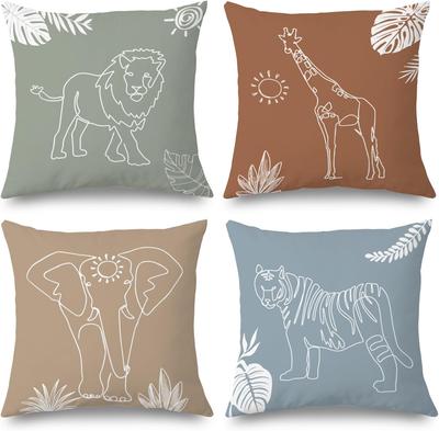 4Pcs Boho Animal Throw Pillow Covers Line Art Lion Giraffe Tiger Tropical Leaves Cushion Cases for Living Room Bedroom Sofa Kids