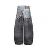 Mens Distressed 3D Printed Wide Leg Straight Cut Denim Jeans - Relaxed Fit Streetwear Style