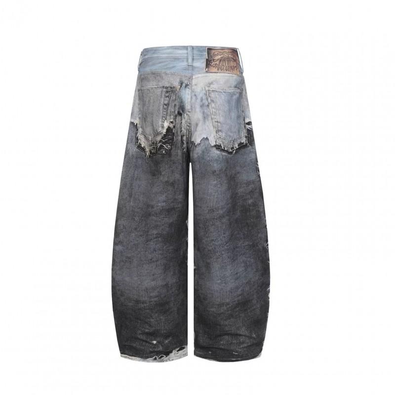 Mens Distressed 3D Printed Wide Leg Straight Cut Denim Jeans - Relaxed Fit Streetwear Style