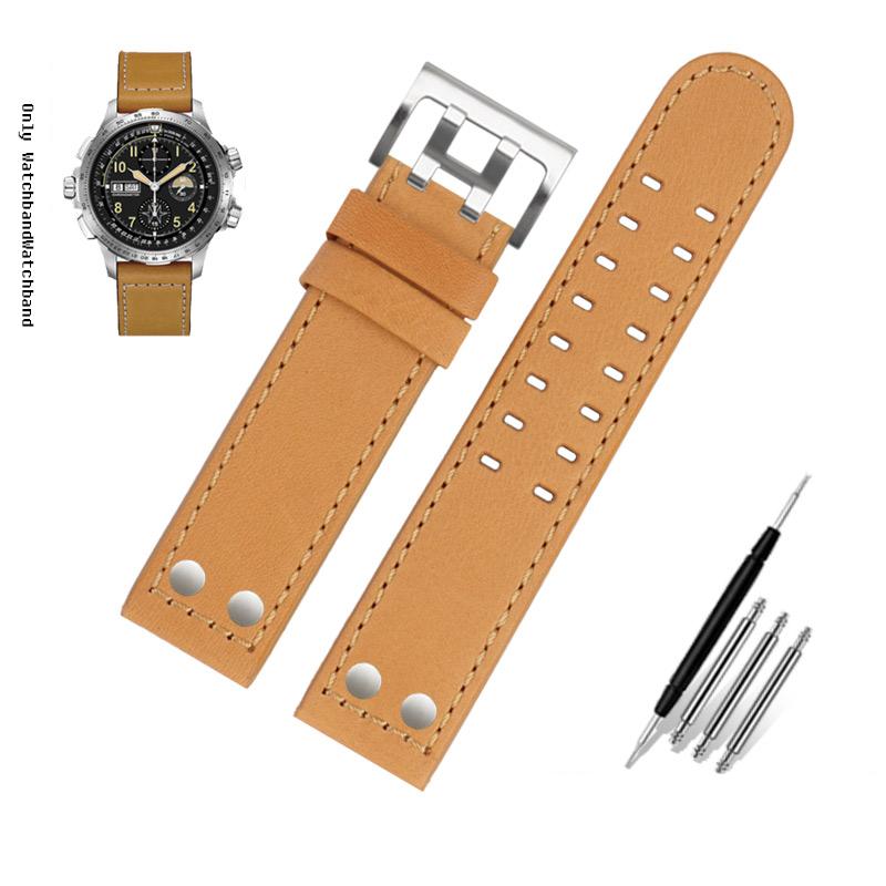 Για Λουράκι Ρολογιού Hamilton Khaki Aviation H77616533 H760250 Field Ανδρικό Γνήσιο Δέρμα Rivet Λουράκι Ρολογιού 20mm 22mm Καφέ Βραχιόλι