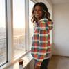 Women's Long Sleeve Drawstring Hoodie with Striped Plaid Print Pullover Sweatshirt