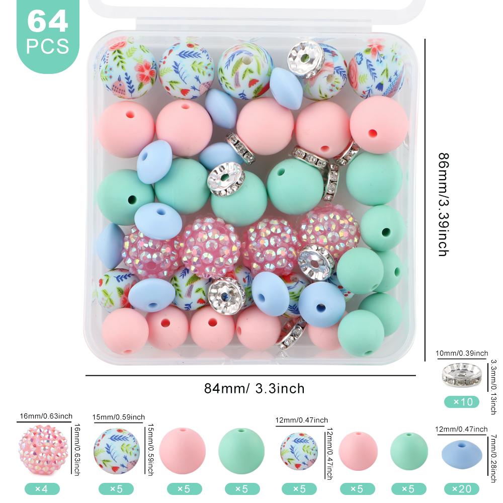 

New 64Pcs/Box Printed Silicone Beads Rhinestone Loose Beads Sets For Jewelry Making DIY Keychain Necklace Bracelet Accessories