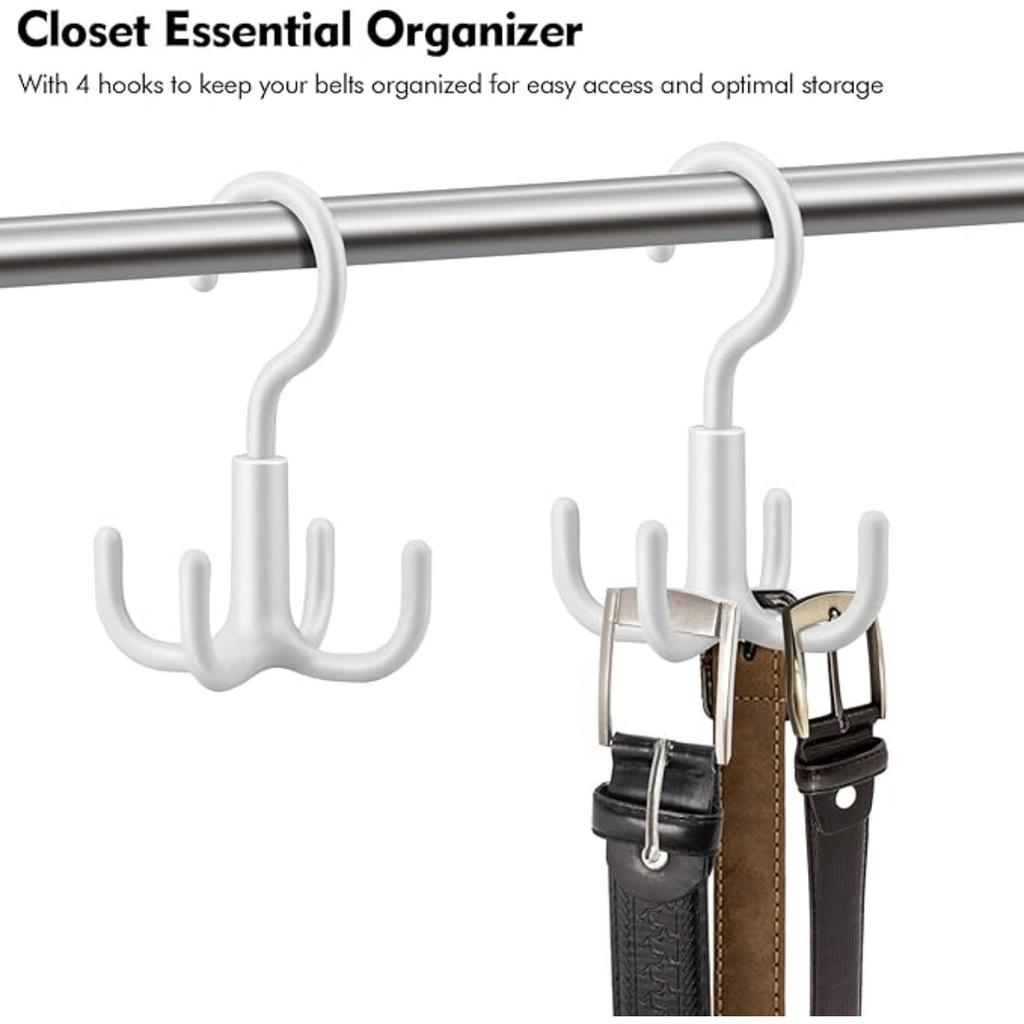 4 Pack 360 Rotatable Belt Hanger, Closet Rod Hooks with 4 Hooks for Belt, Tie, Hat, Scarf, Bag, Bra, Tank Top - White