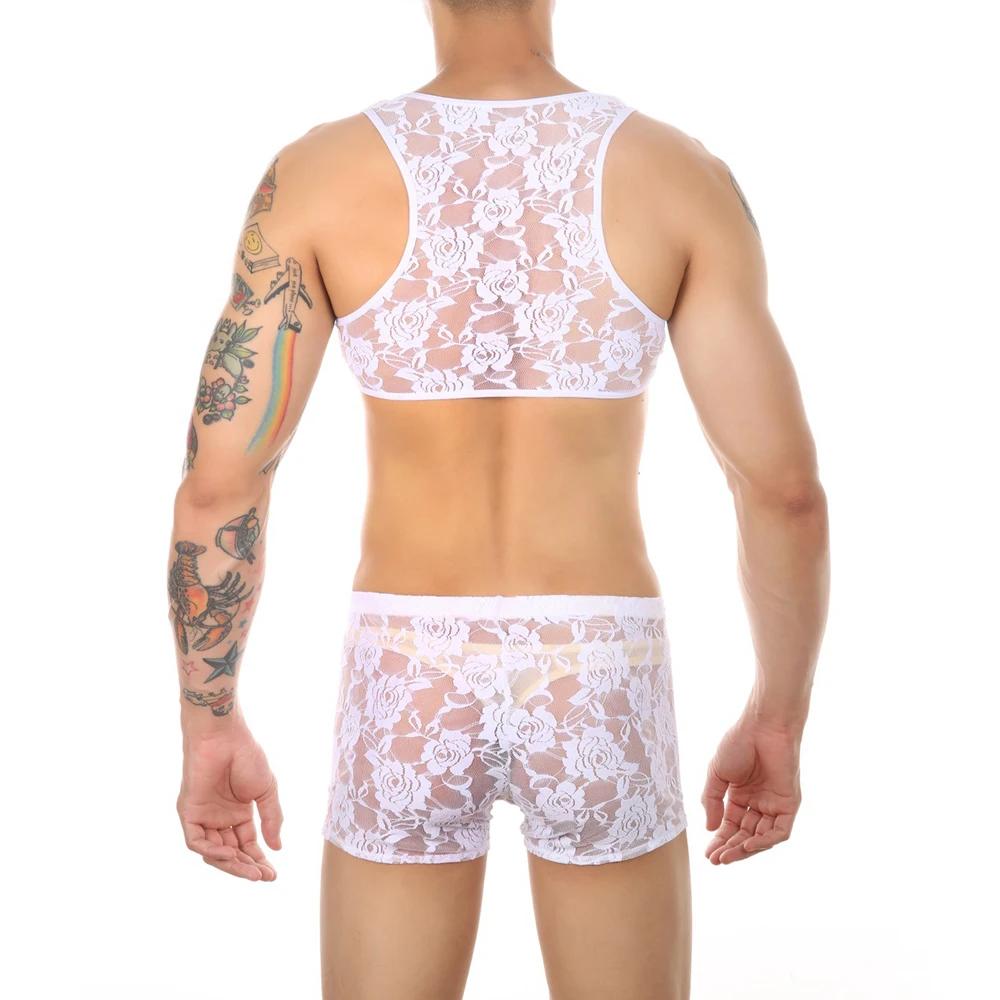 Heren Sexy Sissy Lingerieset Gay Kant Boxer Briefs Bikini Ondergoed BH Top Shorts 2Stuks Gays Sexy Outfits Vest Tops+Boxers