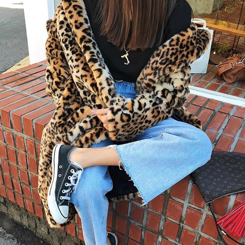 Kendou ggi long imitation fur coat female leopard print fur coat thickened plush