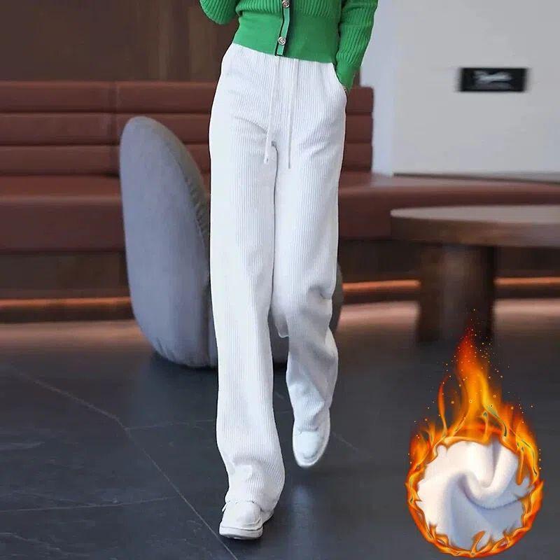 Women's Black Corduroy Wide-Leg Pants with Fleece Lining for Autumn/Winter 2025