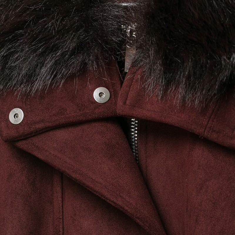 PBZA Womens Faux Fur Collar Belted Jacket Solid Color Casual Commute Outerwear