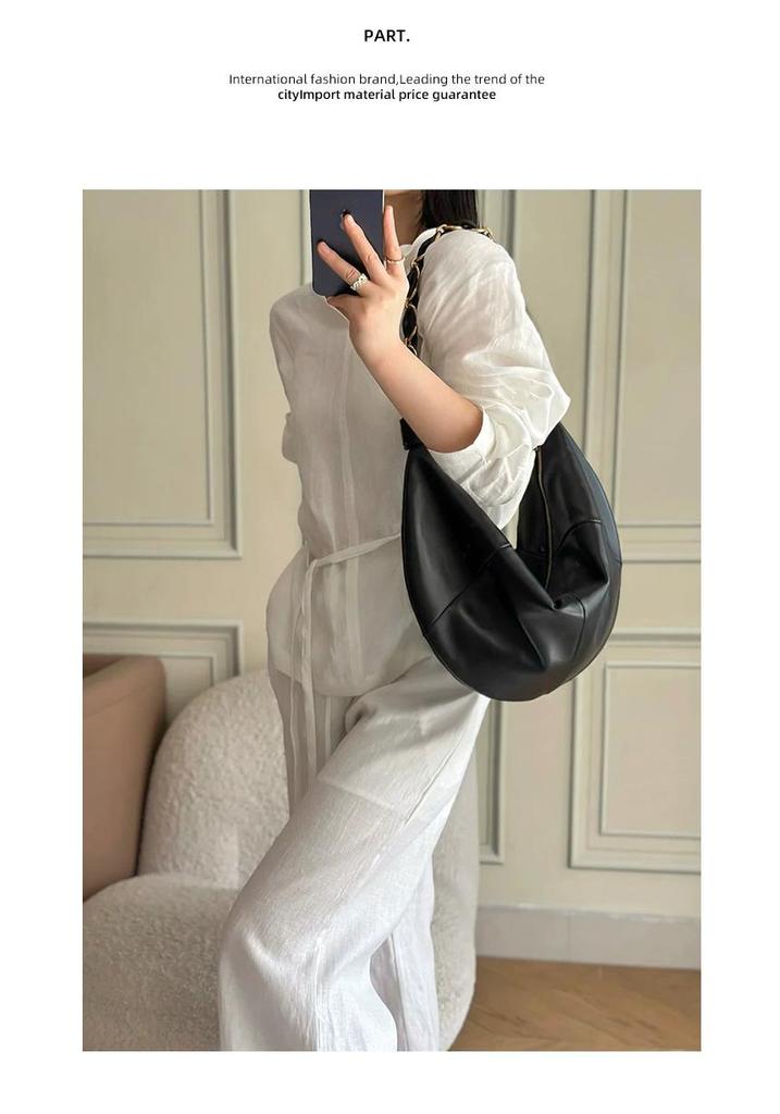 Women's Genuine Leather Crescent Shoulder Bag - Retro Lambskin with Chain Strap, Large Capacity, Elegant and Fashionable Design