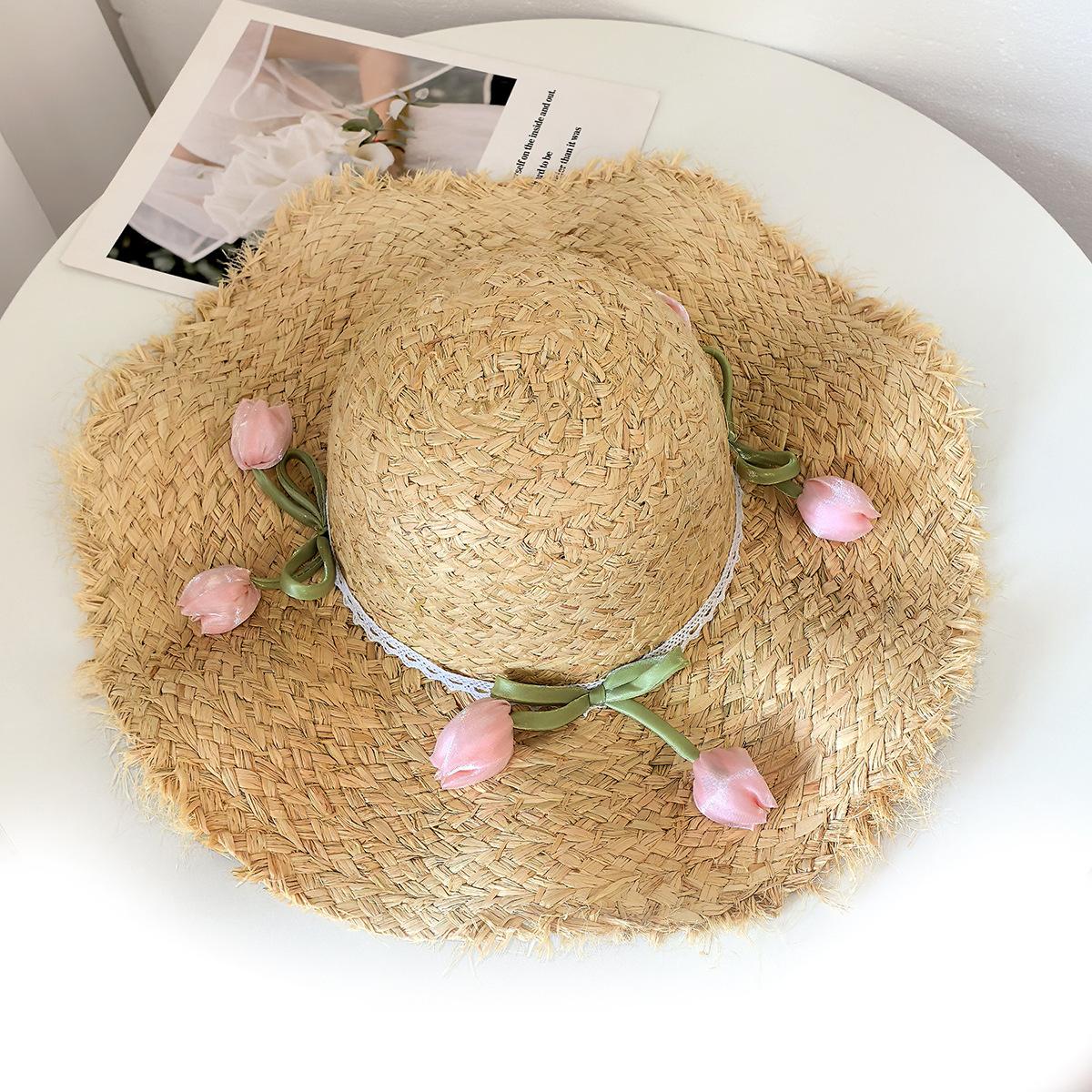 

Кружевная шляпа-тюльпан из соломы рафия, женская летняя шляпа с большими полями, пляжный козырек от солнца для отпуска на море L（58-60cm） розовый