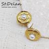 European-American Retro Titanium Steel Geometric Stud Earrings with Pearl & Shell Inlay for Women