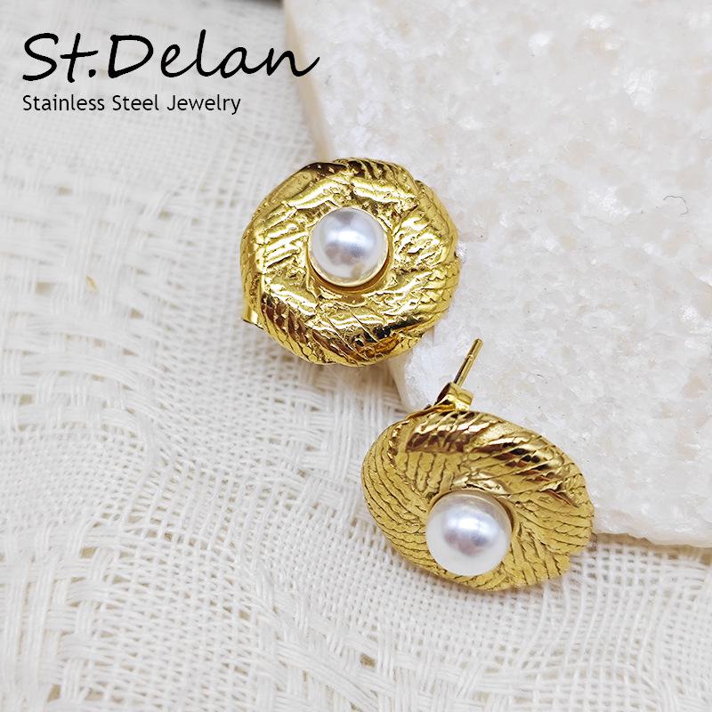 European-American Retro Titanium Steel Geometric Stud Earrings with Pearl & Shell Inlay for Women