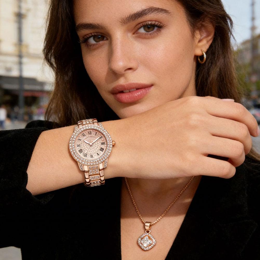 6Pcs Elegant Roman Dial Quartz Wristwatch Luxury Alloy Rhinestone Set Fashion Necklace Earrings Bracelet Jewelry Gift For Ladies
