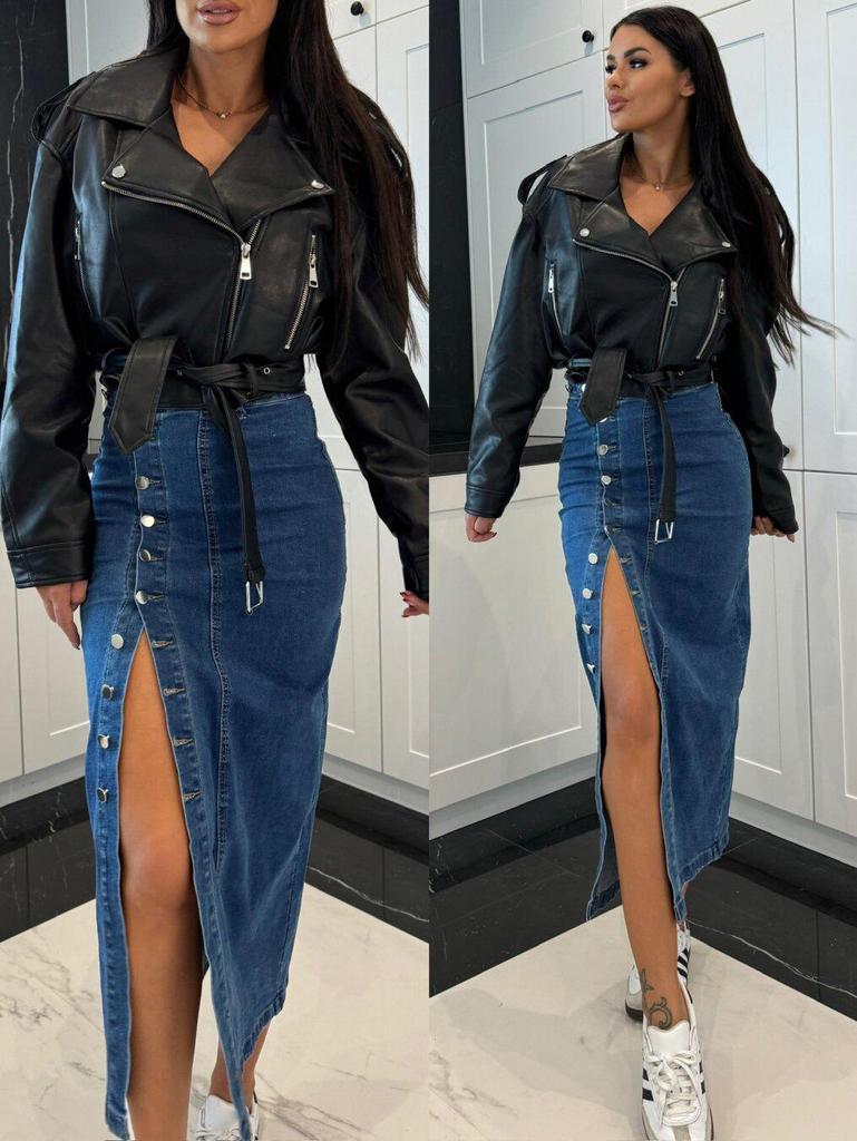 High Waist Sexy Slim Fit Denim Skirt with Button Slit for Women