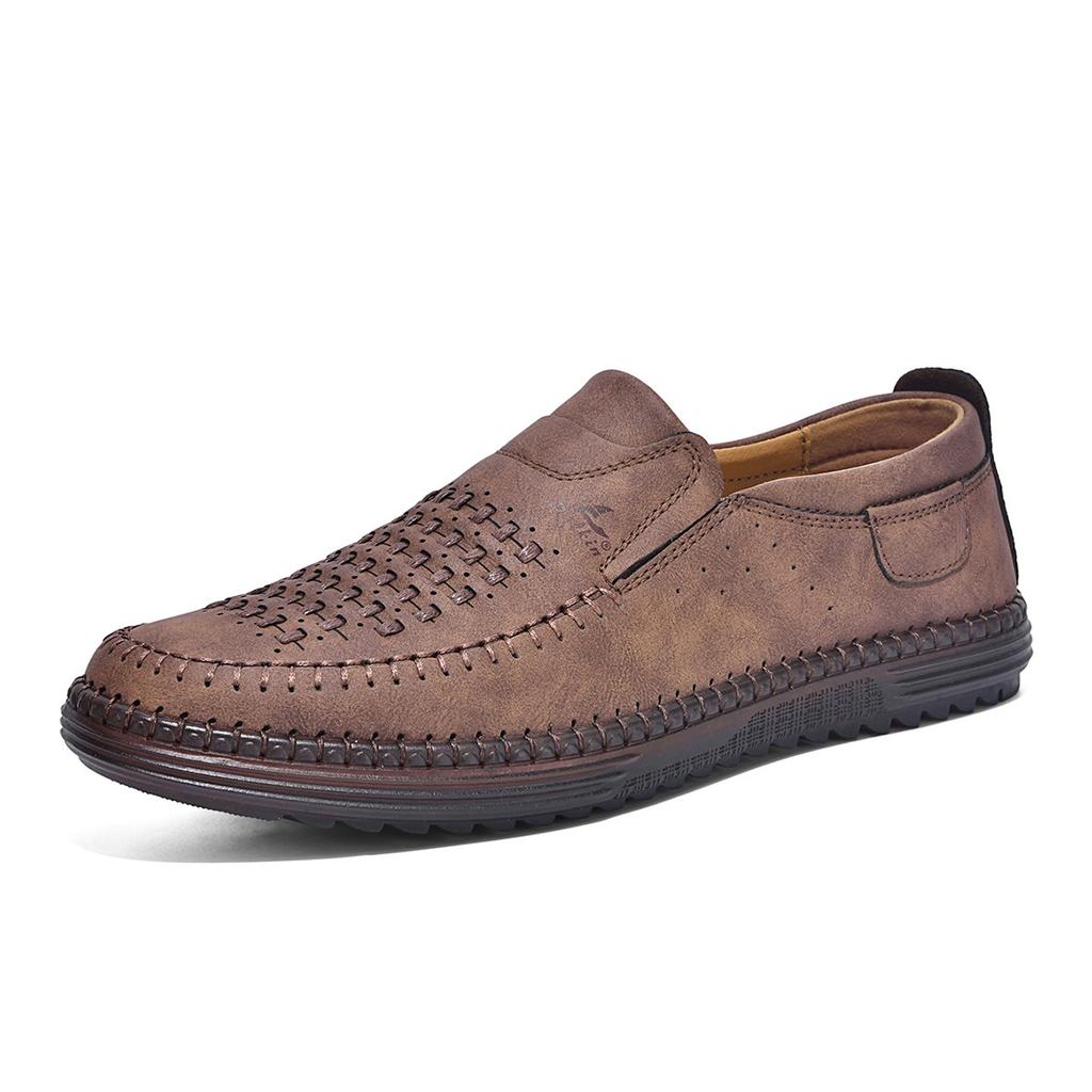 New 2026 Handmade Leather Men Shoes Design Fashion Sneakers Slip On Loafers Summer Mesh Breathable Casual Shoes Men Driving Flat