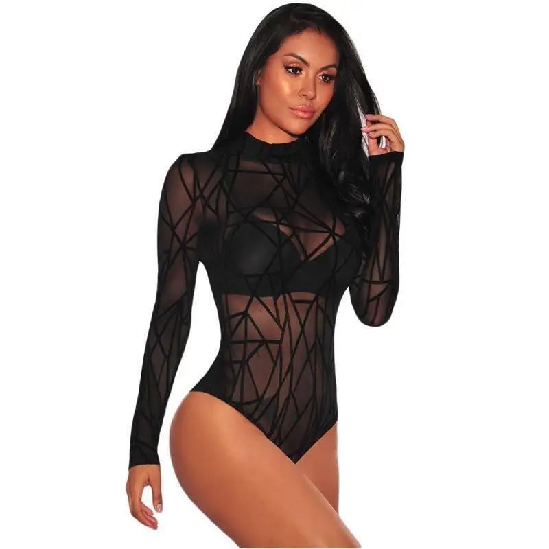 New Fashionable Sexy Long-sleeved Turtleneck Lace Sexy Textured High-waisted Fun Onesie Pajamas See-through See Through Bodysuit