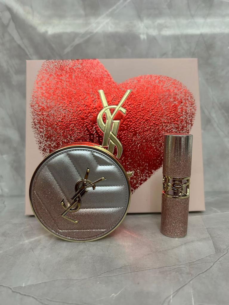 YSL Pink Star Collection Set Star Powder Cushion Foundation B10 Rouge Volupté Shine Lipstick 44B, Long Lasting Coverage, Gift Ready